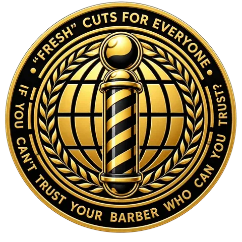 Deiby's Barbershop seal: a barber pole over a gold globe, ringed by the words 'Fresh' cuts for everyone. If you can't trust your barber, who can you trust?